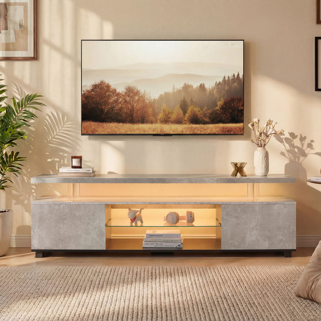 TV Stand with LED and Large Side Cabinet - White, Black, or Gray