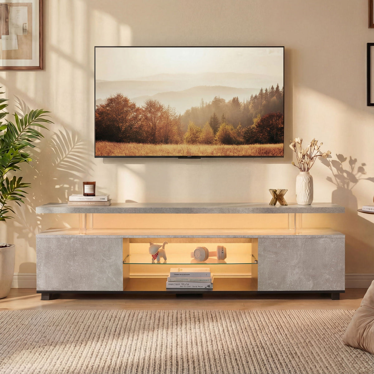 TV Stand with LED and Large Side Cabinet - White, Black, or Gray