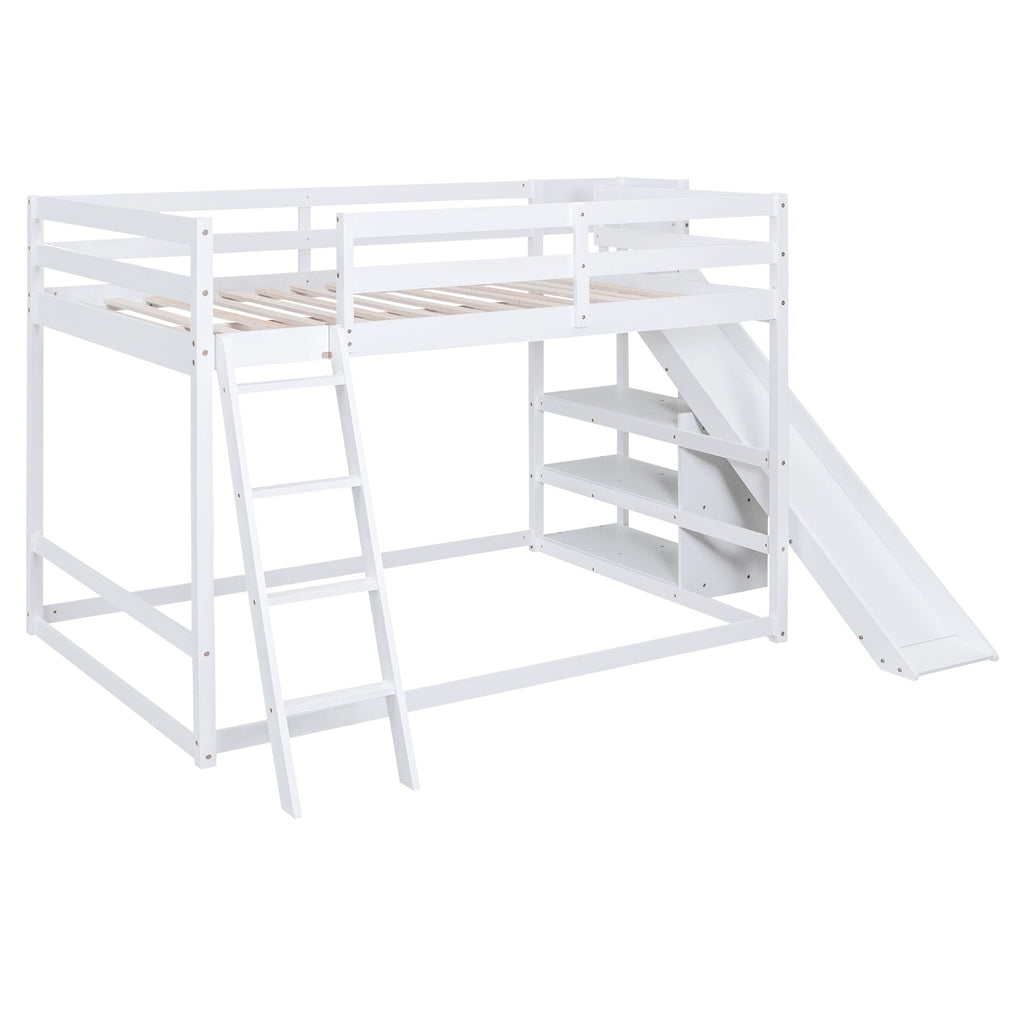 Bunk Bed With Ladder, Slide, and Shelves - Pine Wood, Full Over Full