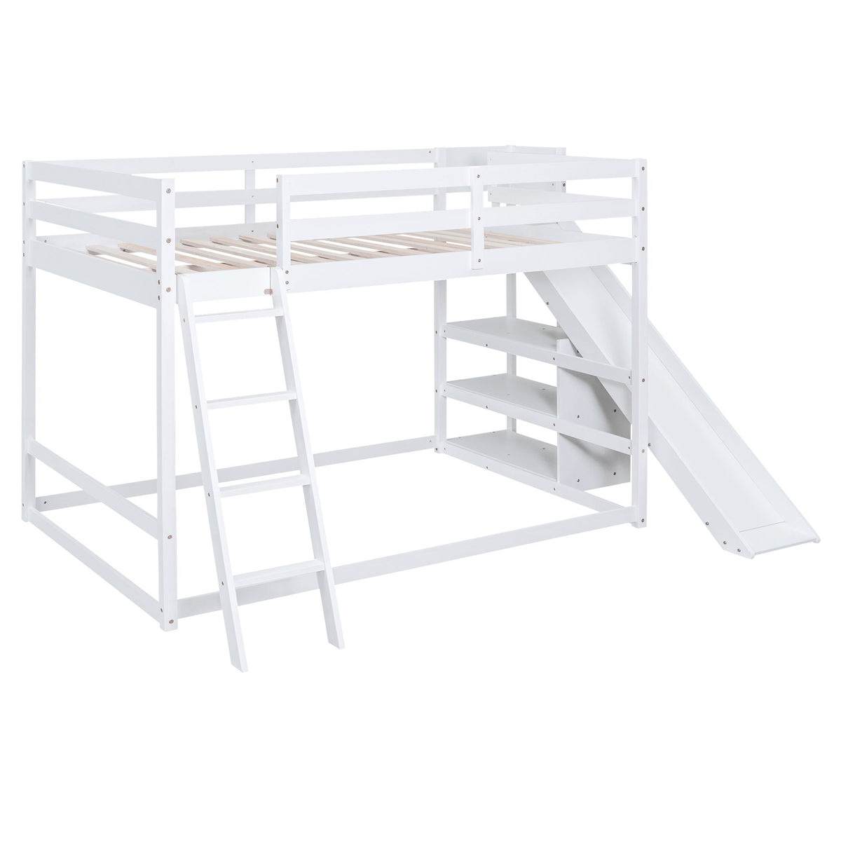 Bunk Bed With Ladder, Slide, and Shelves - Pine Wood, Full Over Full