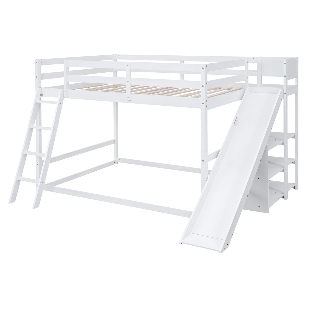 Bunk Bed With Ladder, Slide, and Shelves - Pine Wood, Full Over Full