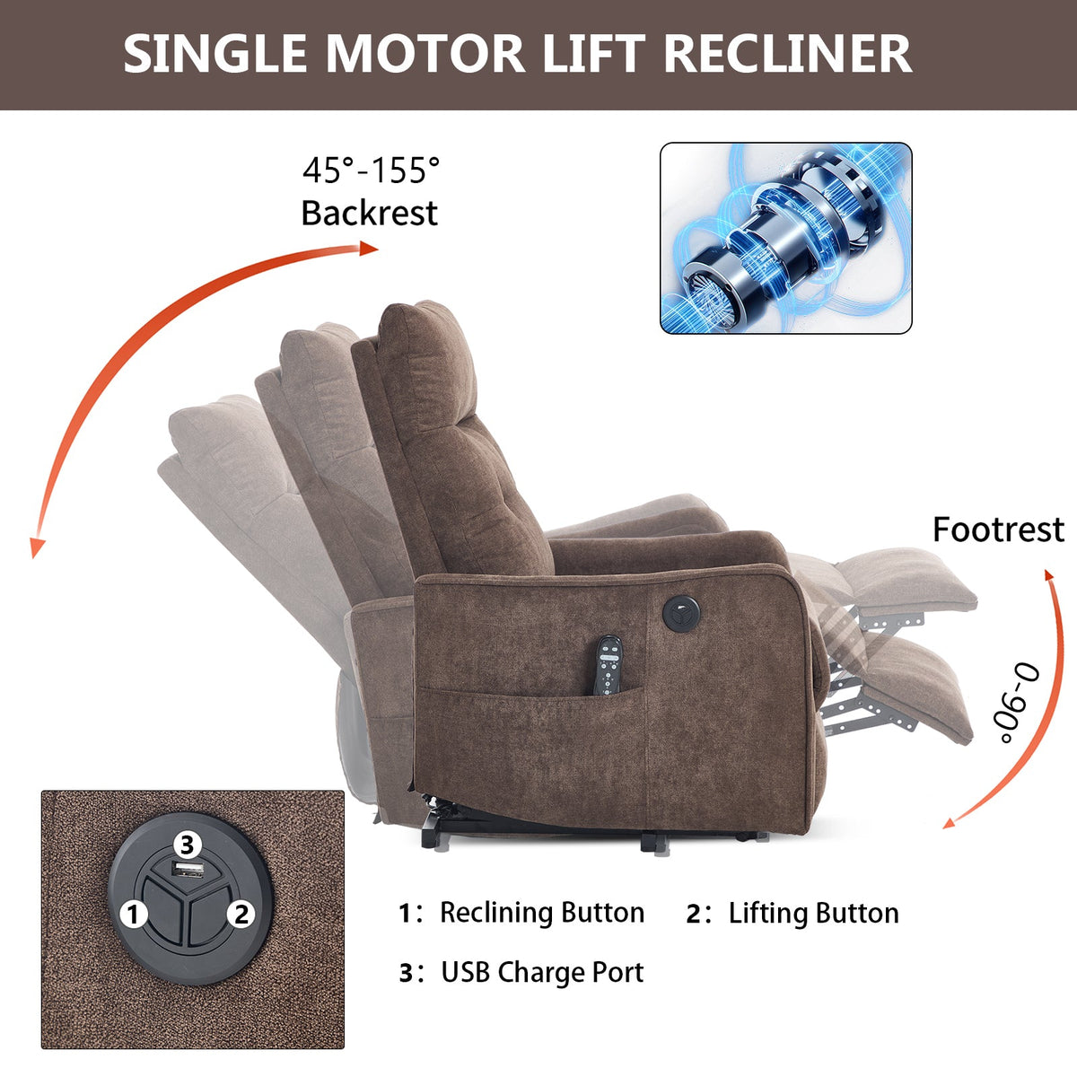 Brown Chenille Power Lift Recliner Chair