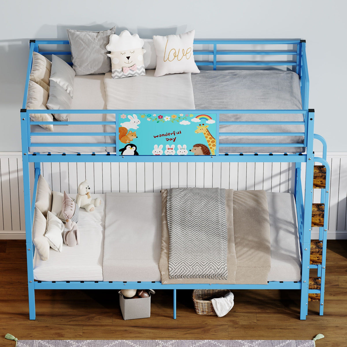 Blue Convertible Twin Bunk Bed with Full Length Guardrail & Ladder