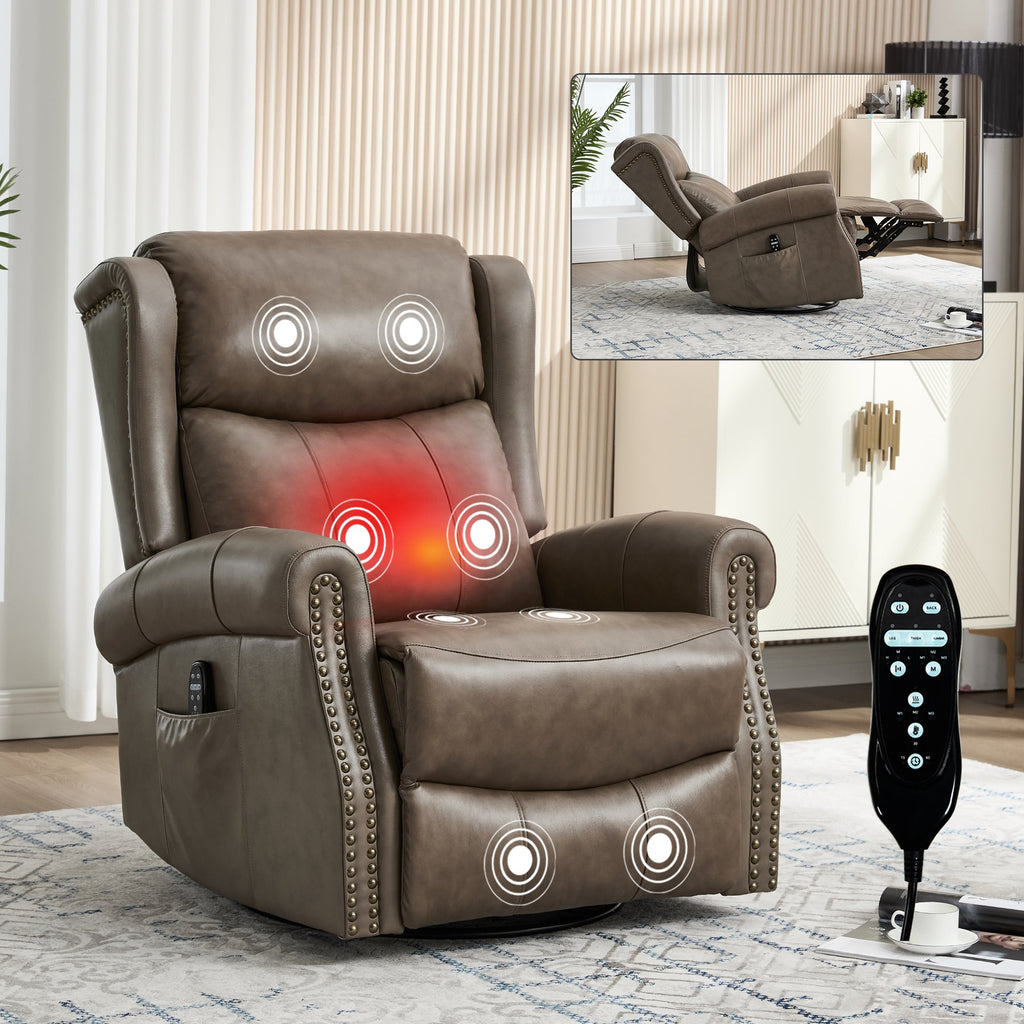 Genuine Leather Heat Massage Manual Recliner Chair with Swivel - Brown+Gray, Blue, Yellow, Red