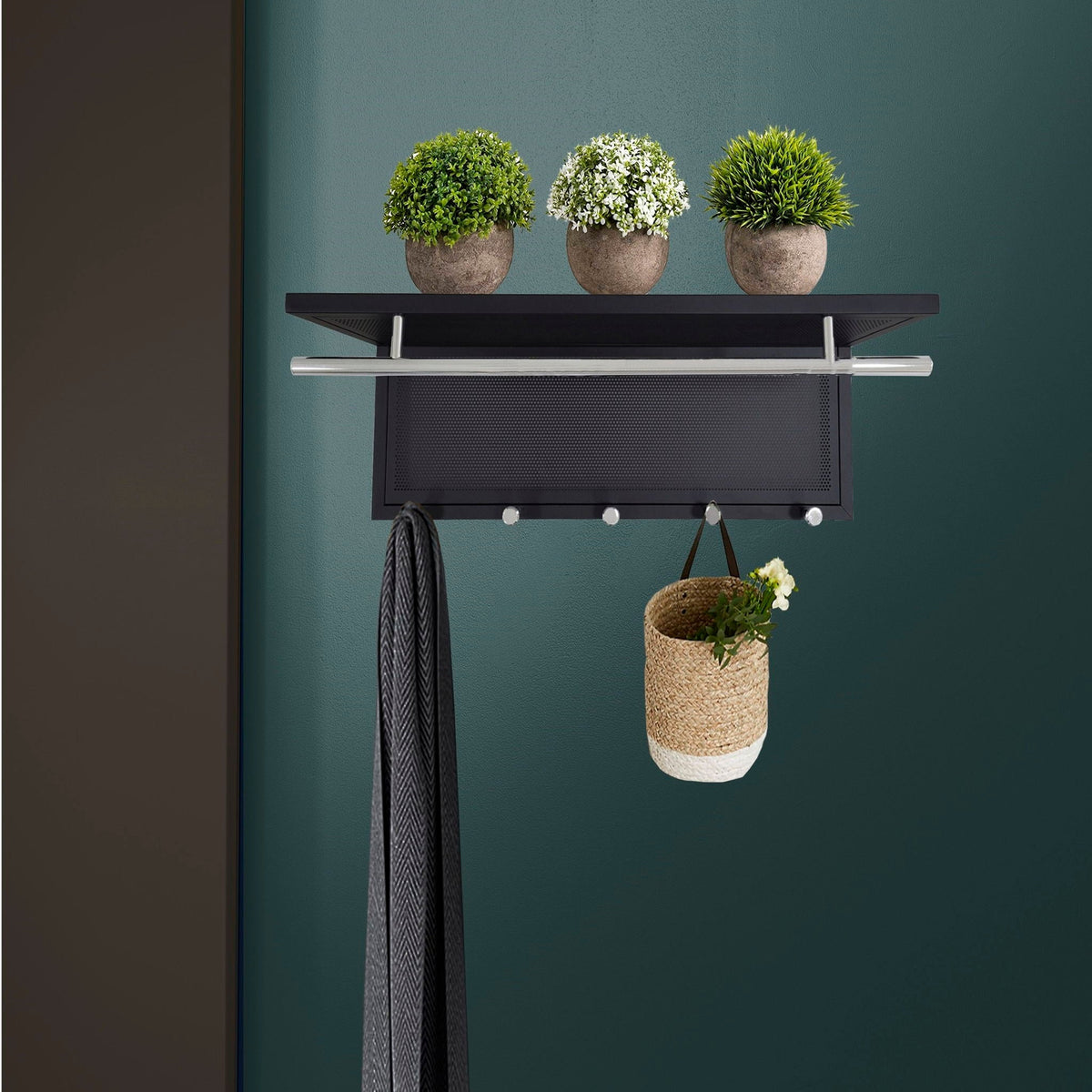 Powder Coated Metal Wall Mounted Coat Rack with Shelf - Multiple Colors