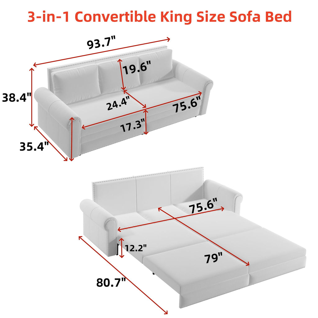 Beige 3-in-1 Convertible Sleeper Sofa Bed with Nailhead Trim – Fabric