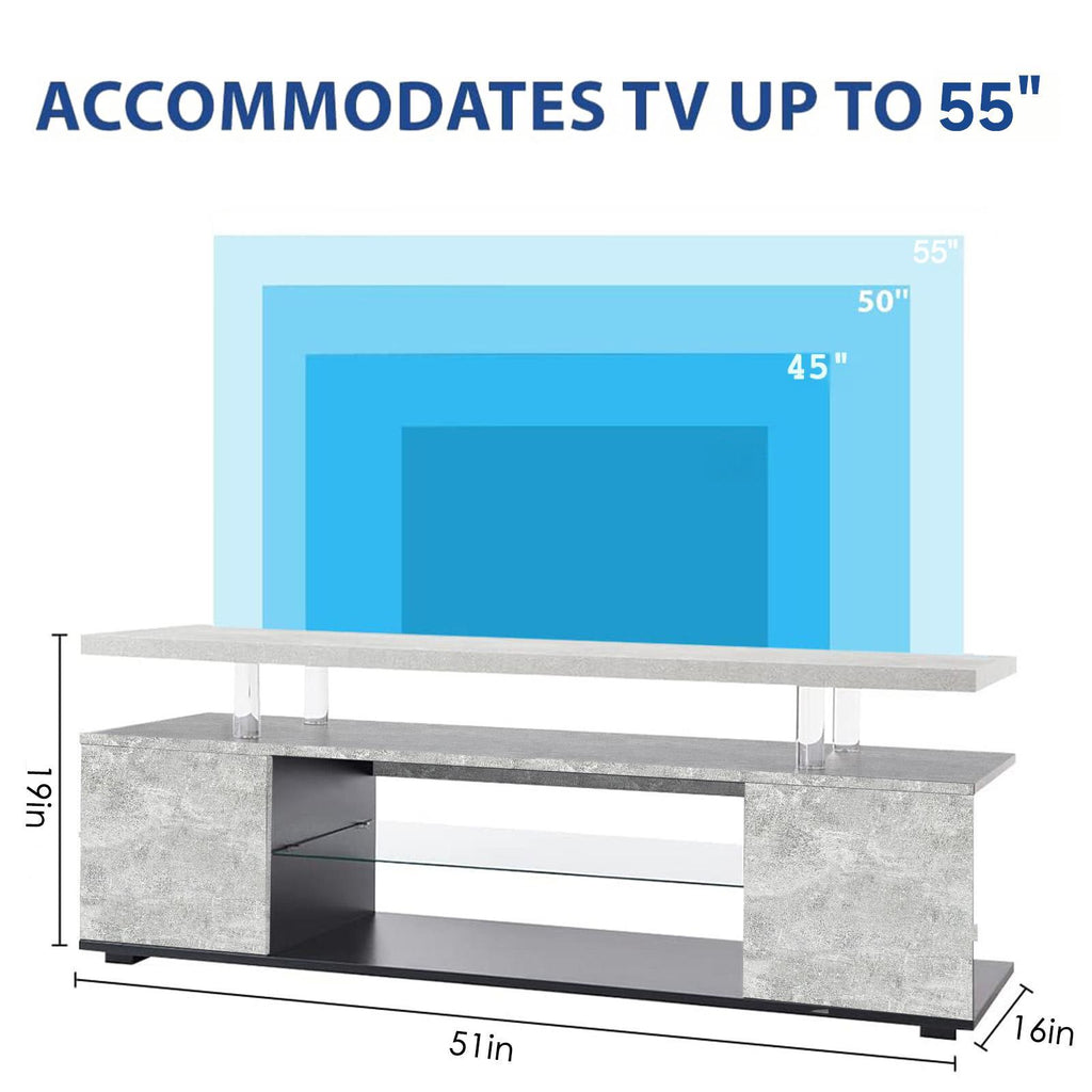 TV Stand with LED and Large Side Cabinet - White, Black, or Gray