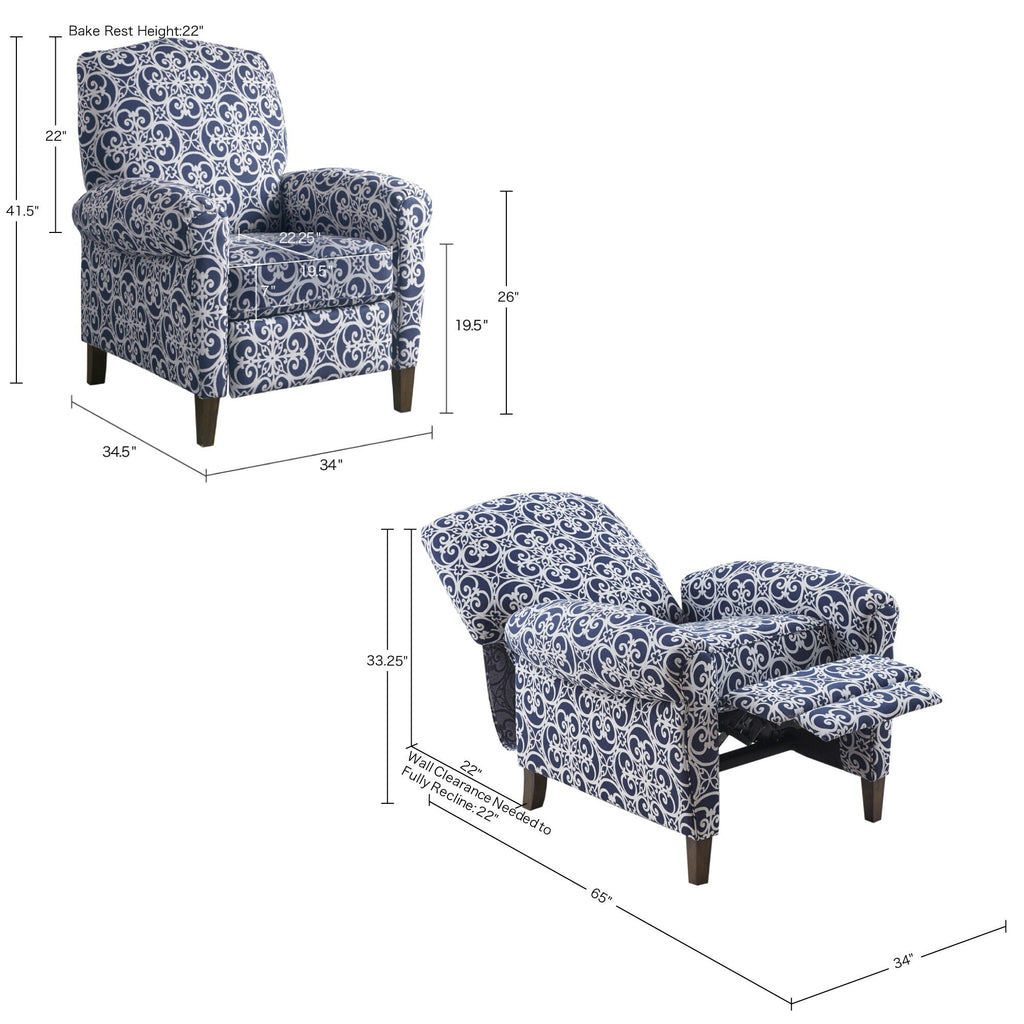 Kirby Transitional Push Back Recliner Chair with Solid Wood Frame - Blue or Gray