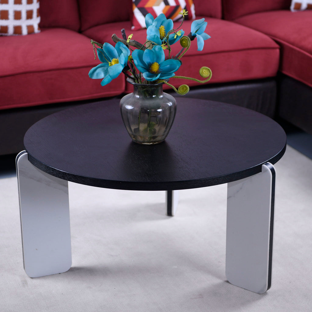 Round Coffee & End Table Set with Sintered Stone Legs - Black