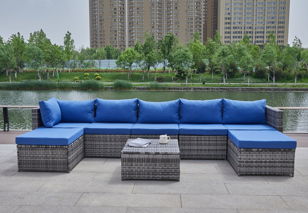 Dark Gray Patio Sofa With Cushions and Table - All-Weather Wicker