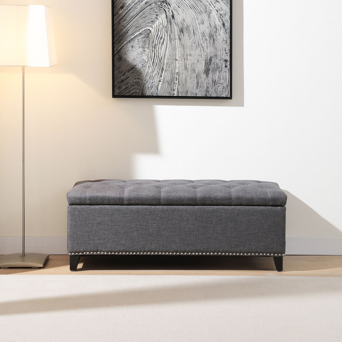 Button-Tufted Storage Ottoman with Safety Close Hinge - Light Brown or Black