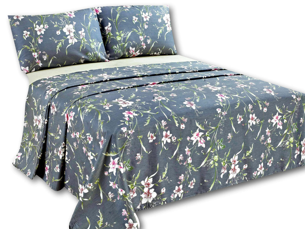 Tache Cotton Cherry Blossom Grey Floral Flat Sheet (2162FLT)