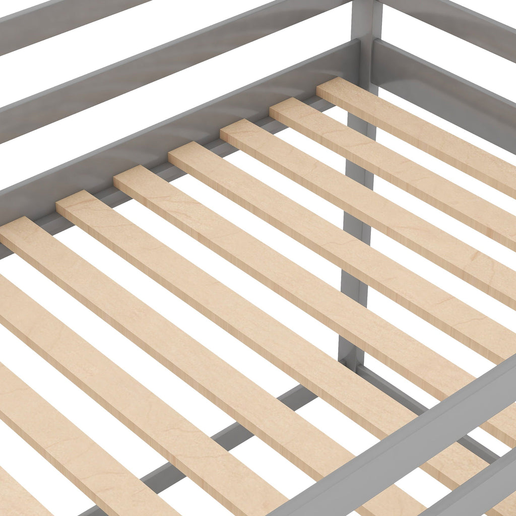 Low Bunk Bed With House Shaped Frame and Ladder - Twin Over Twin