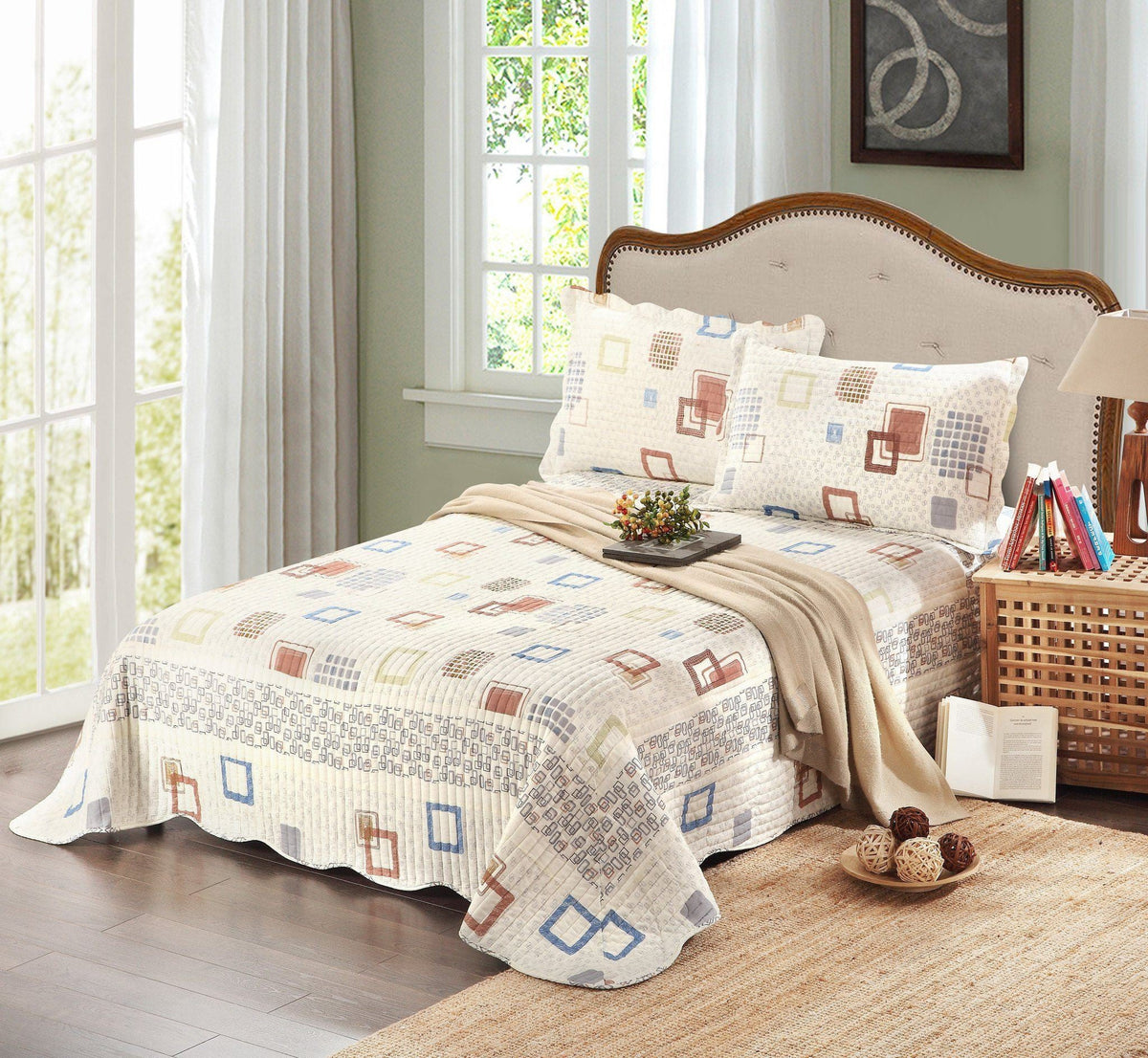 Tache Geometric Cubic Squares Ivory Scalloped Retro Cotton Quilt Bedspread Set (DSW009)