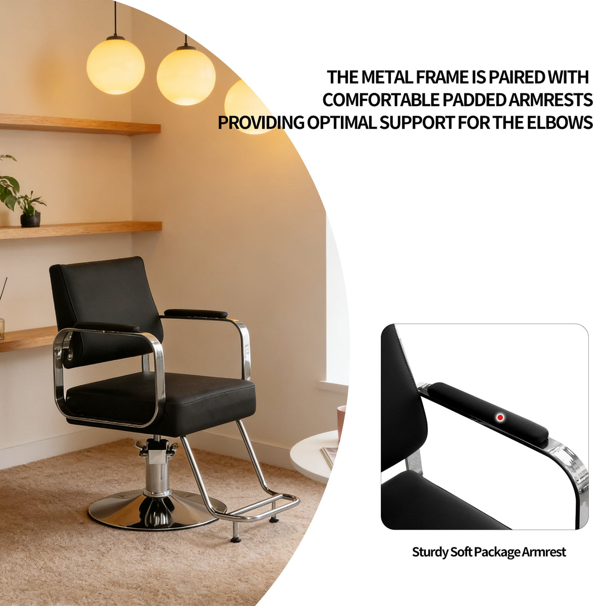 Height Adjustable Barber Chair with Metal & Wood Construction - Black