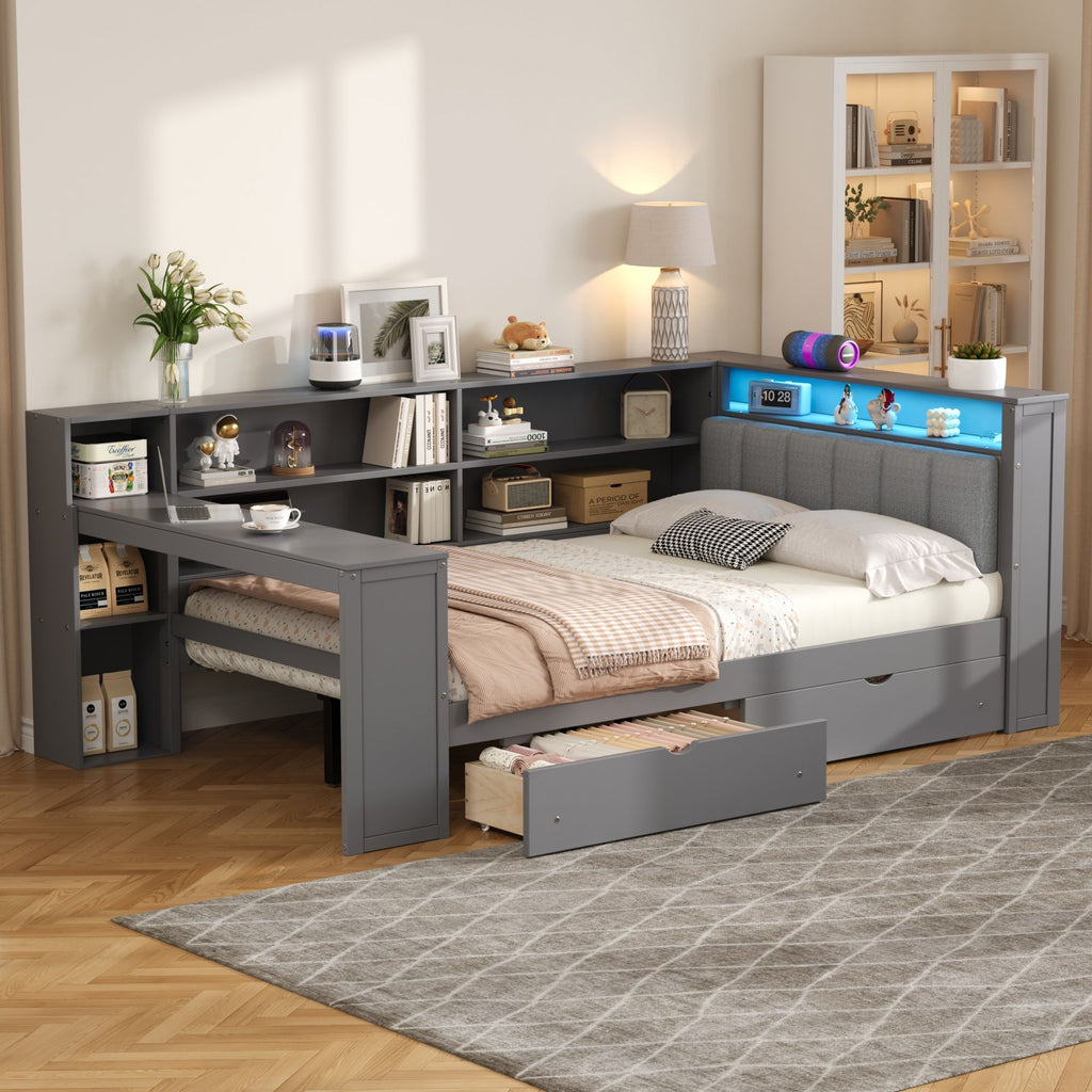 Platform Storage Bed with Shelves, Desk, Charging Station & LED - Full Size