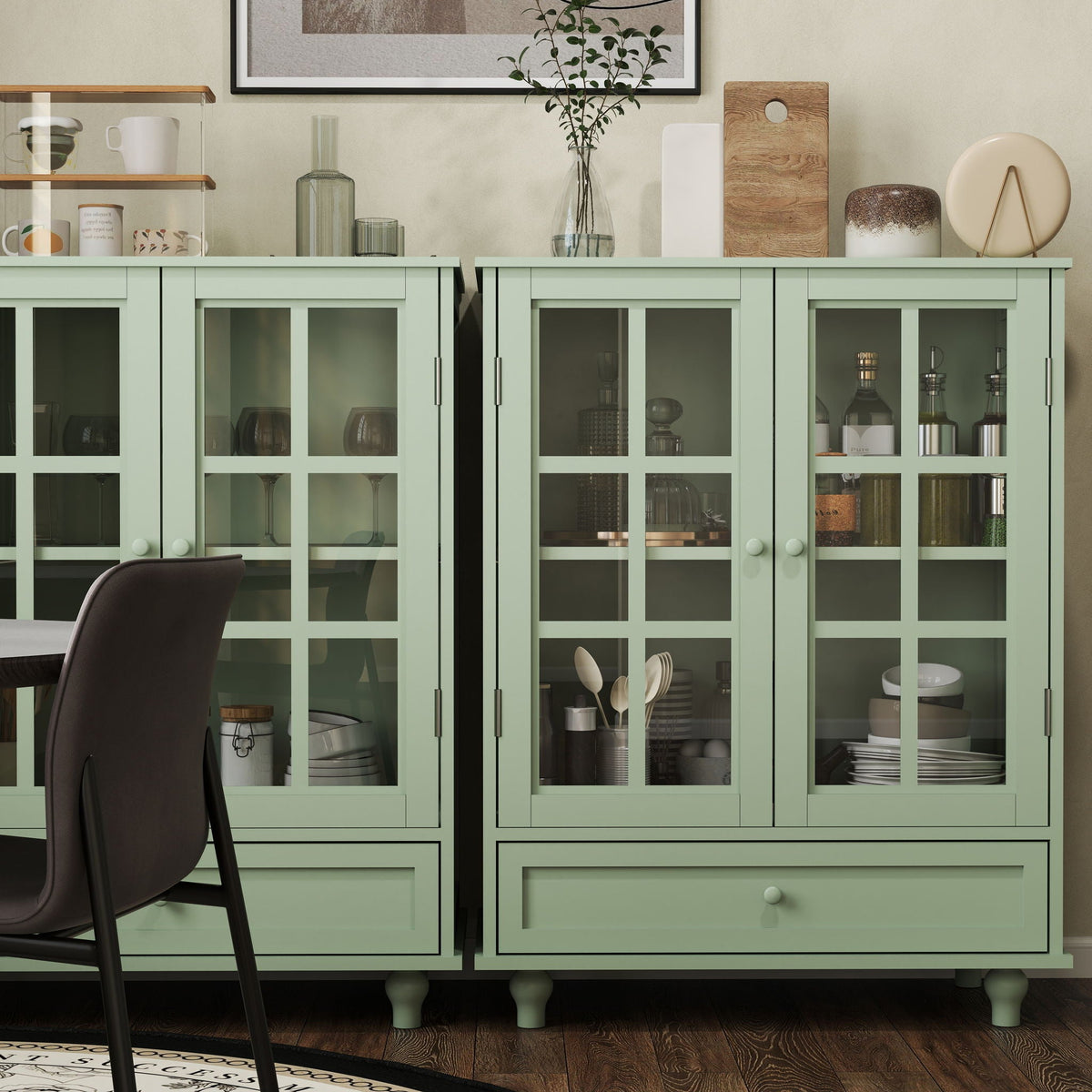Minimalist Buffet Cabinet with Double Glass Doors and Drawer - White, Green, Black, Blue