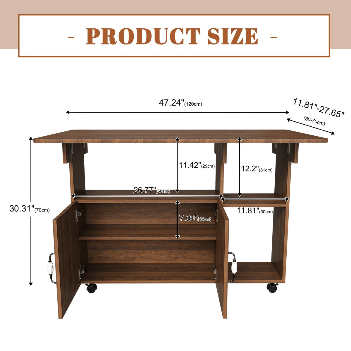 Multi Functional Folding Table with Storage Shelves and Wheels - Light Brown or Dark Brown