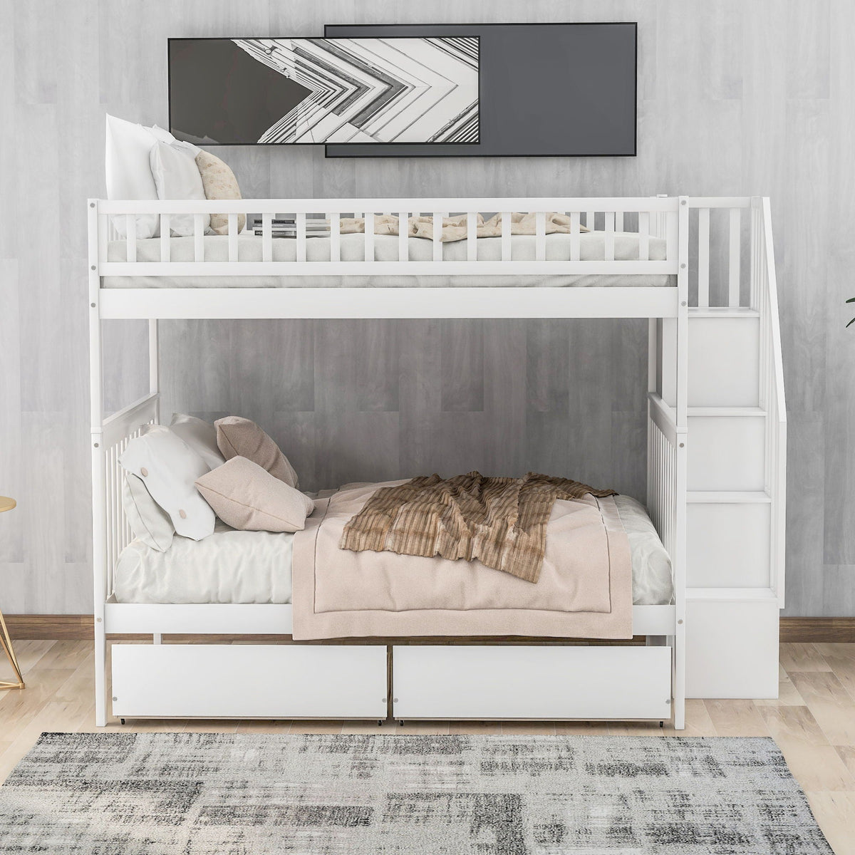 Bunk Bed with Staircase and Storage Options - Dark Gray or White