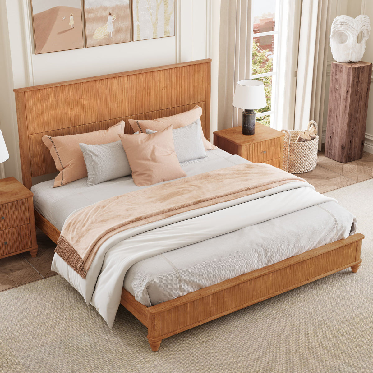 Platform Bed Frame with Tall Headboard - Solid Wood, Queen & King Sizes