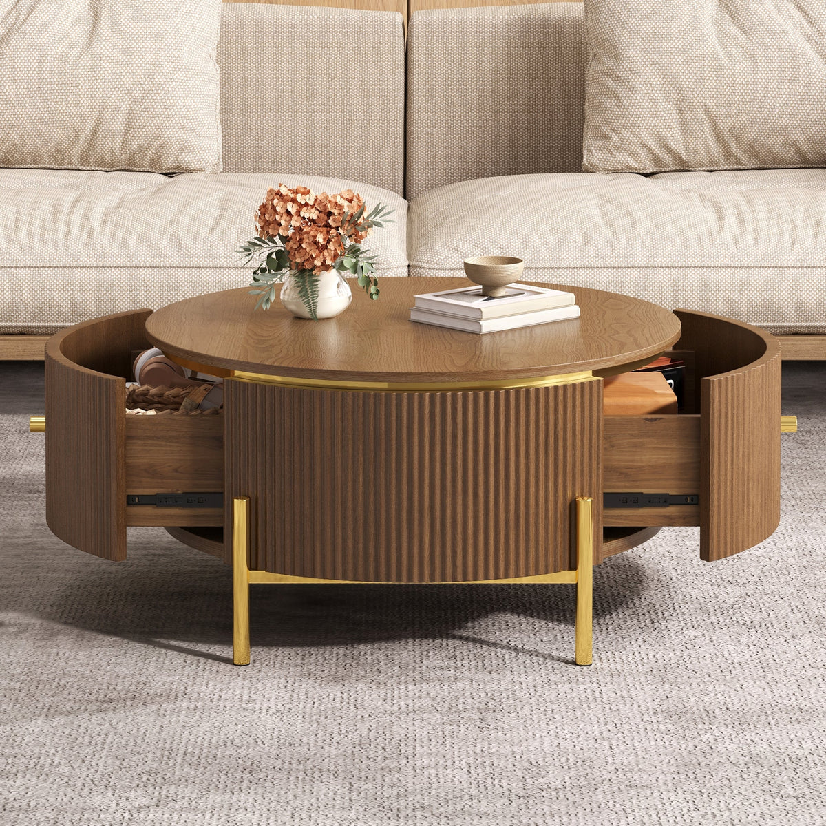 Modern Round Coffee Table with 2 Large Drawers Storage - MDF