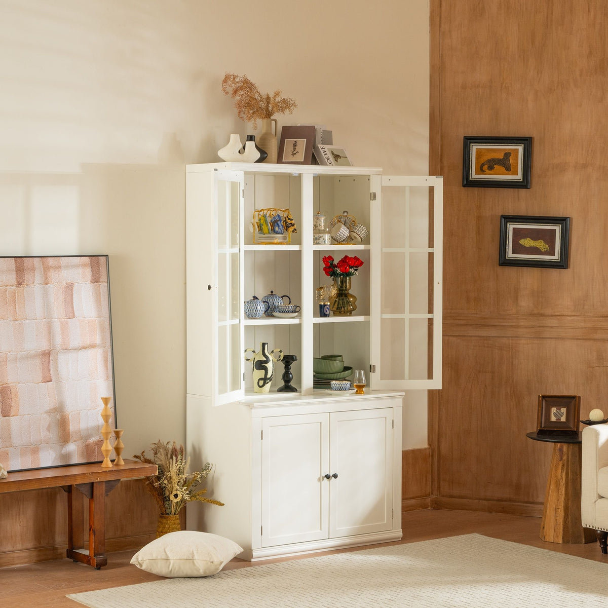 Retro Style Hutch Cabinet with Glass Door - White
