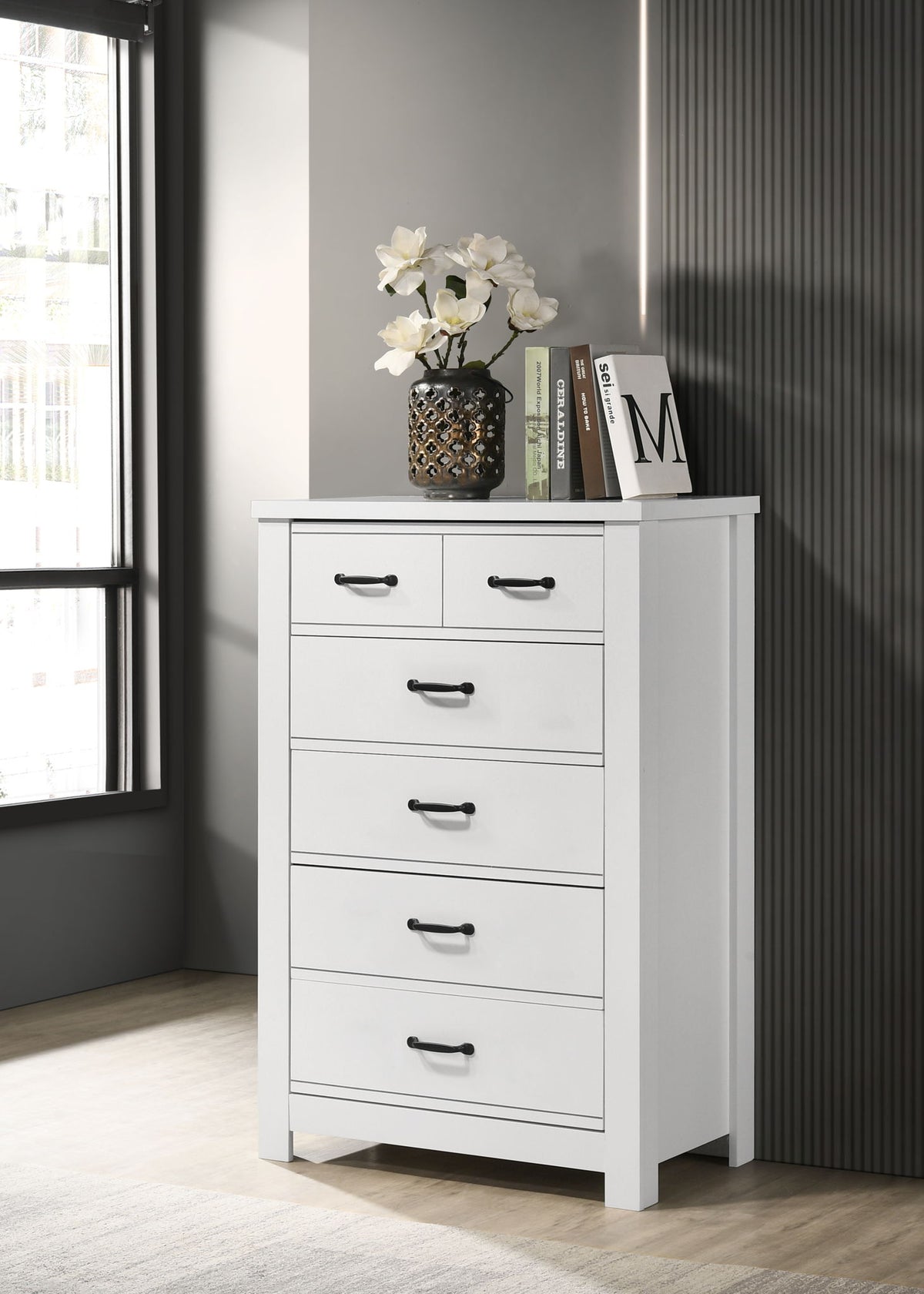 Cassini 5 Drawer Chest with Sleek Black Handles - White