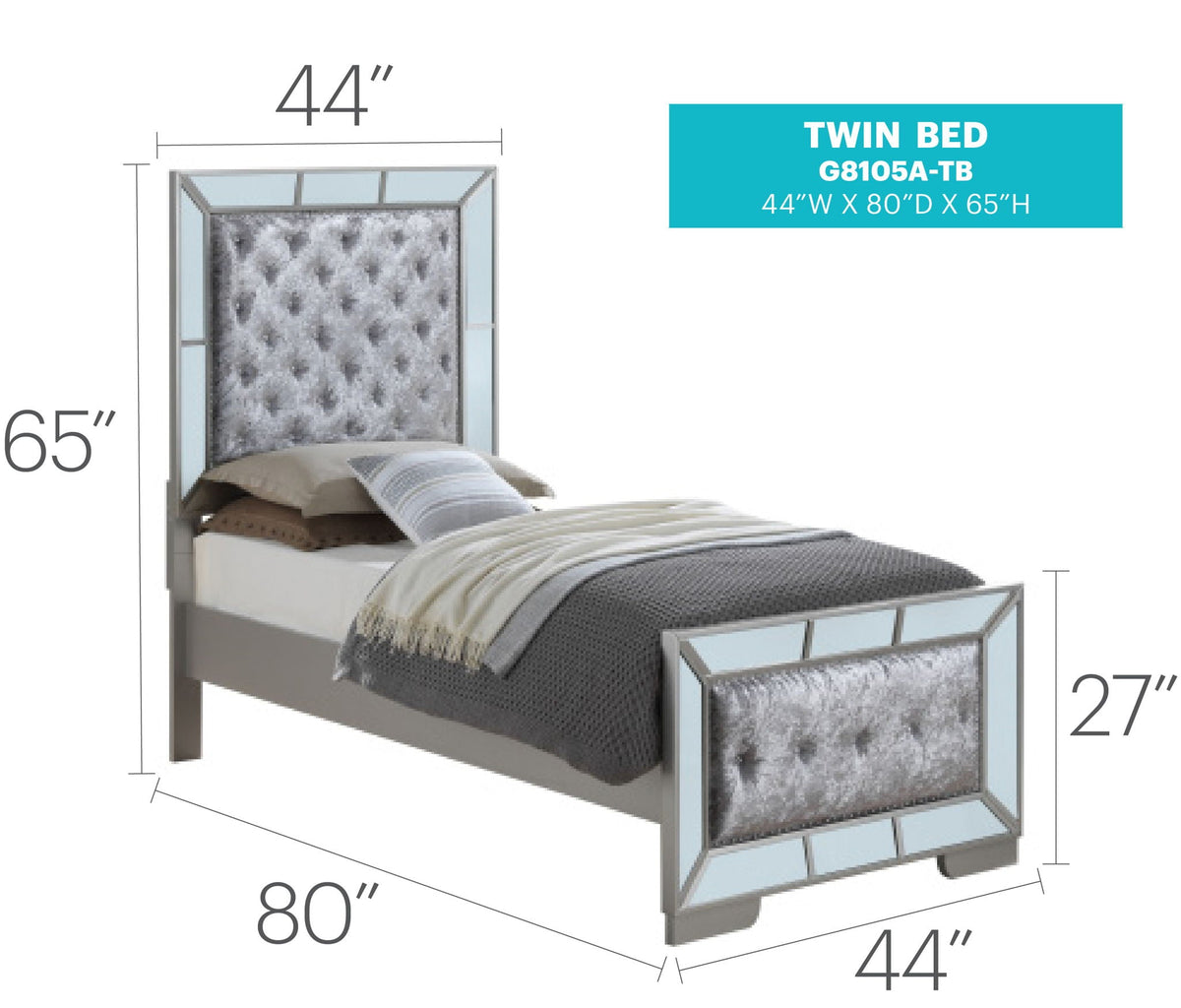 Contemporary Panel Bed with Mirrored Accents - Beige or Pearl Silver