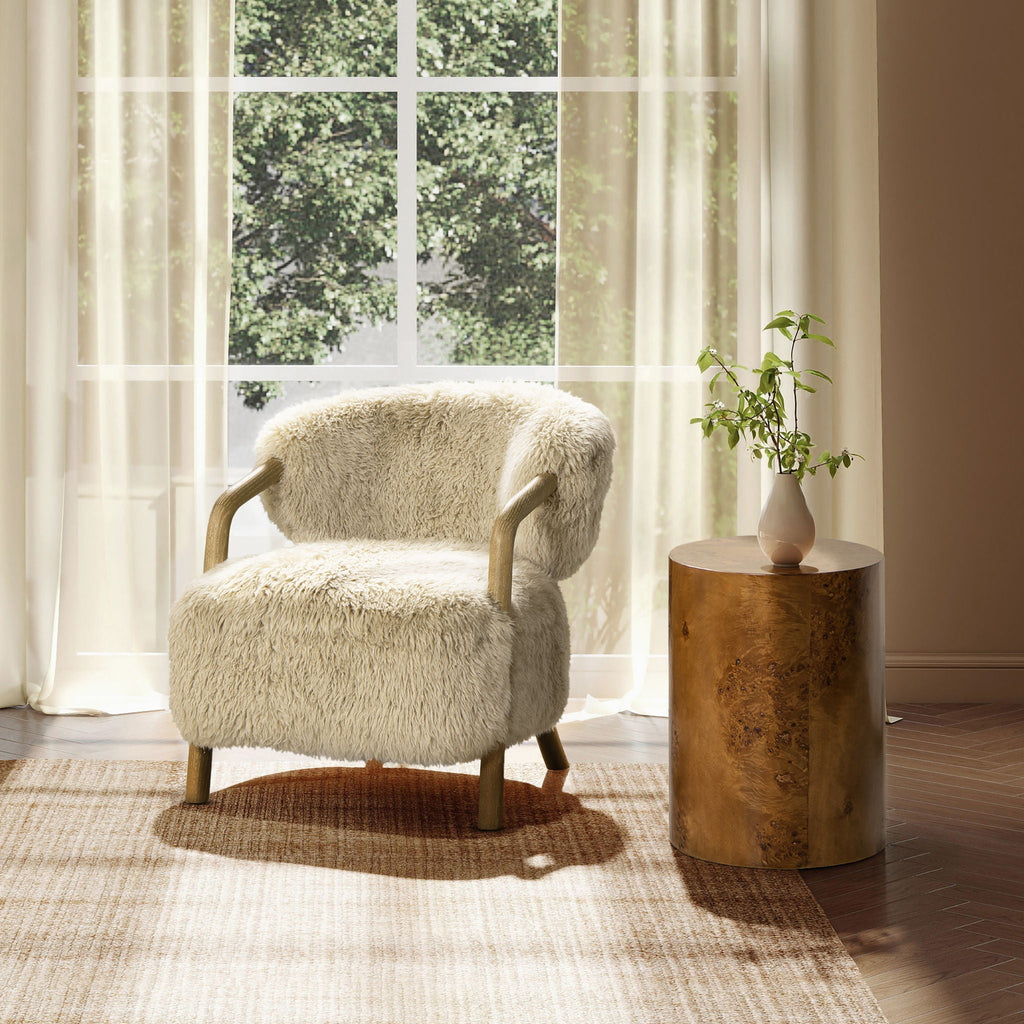 Rustic Oak Sheepskin Upholstered Arm Chair with Ergonomic Comfort - Taupe Beige