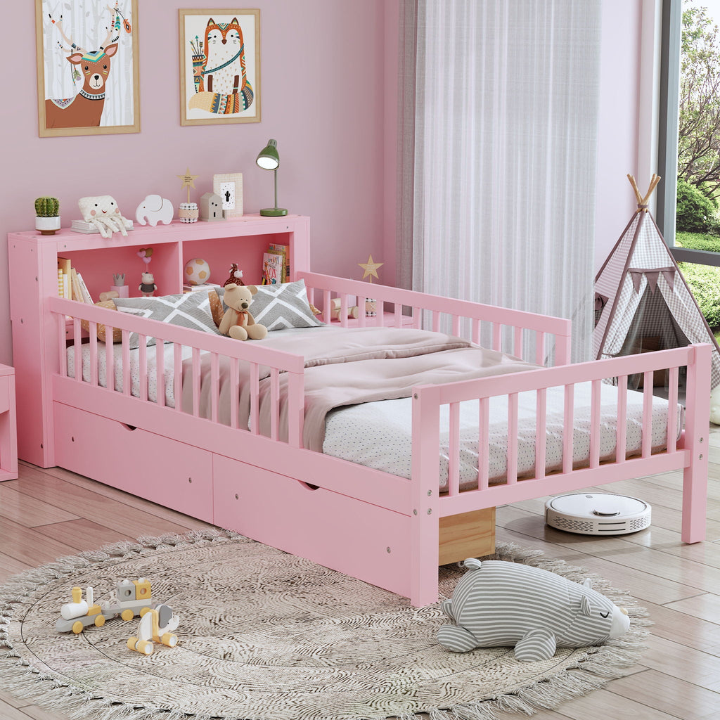 Twin Storage Bed with Headboard Rack & Under-Bed Drawers - Multiple Colors