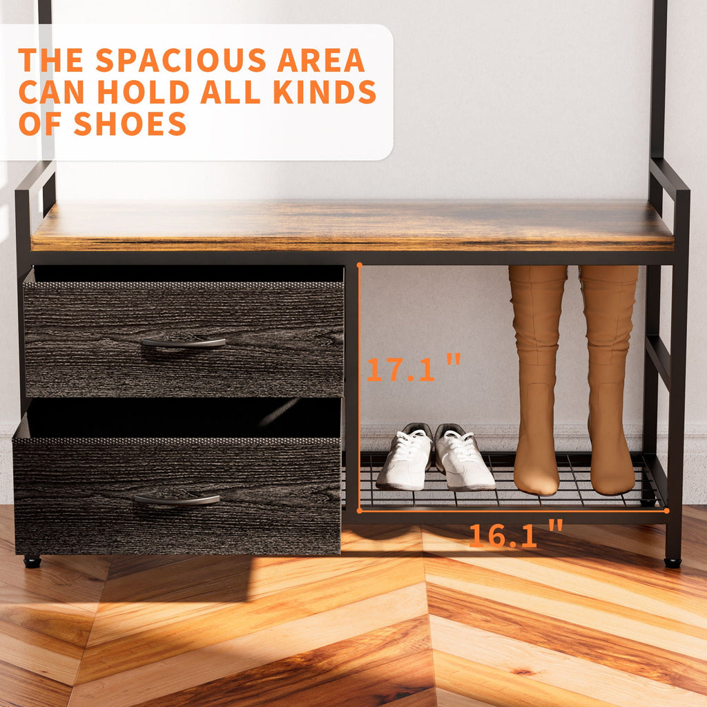 Rustic Brown Hall Tree With 2 Movable Drawers