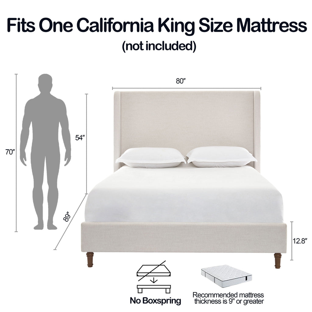 Tall Headboard Upholstered Bed with No Box Spring Needed - Cream