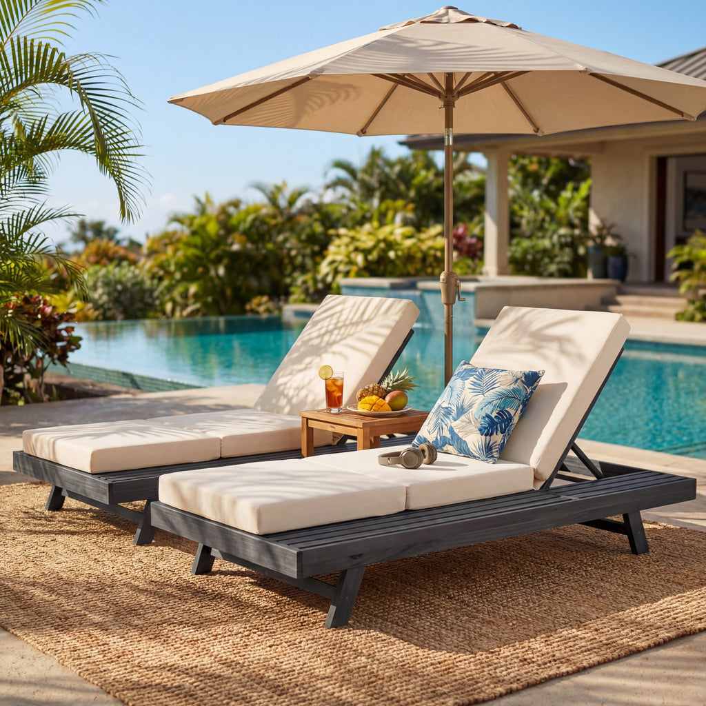 Acacia Solid Wood Lounge Chaise Set with Water-Resistant Cushion - Black