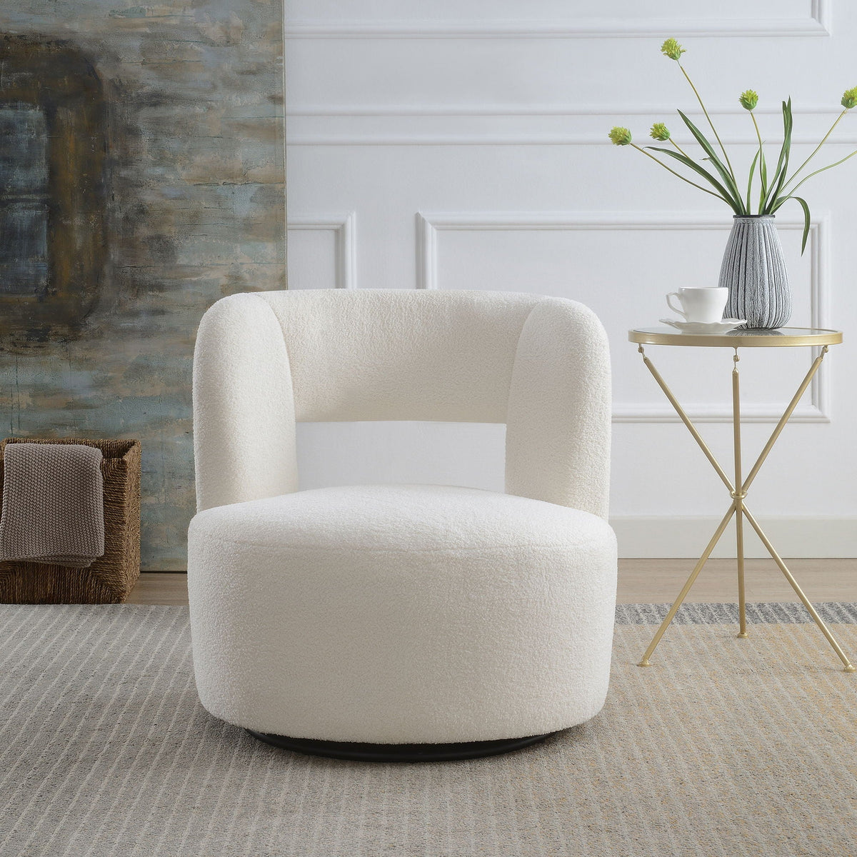 Swivel Barrel Chair with Soft Teddy Fabric - Beige