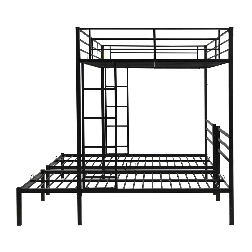 Modern Metal Triple Bunk Bed with Storage Shelf - Black