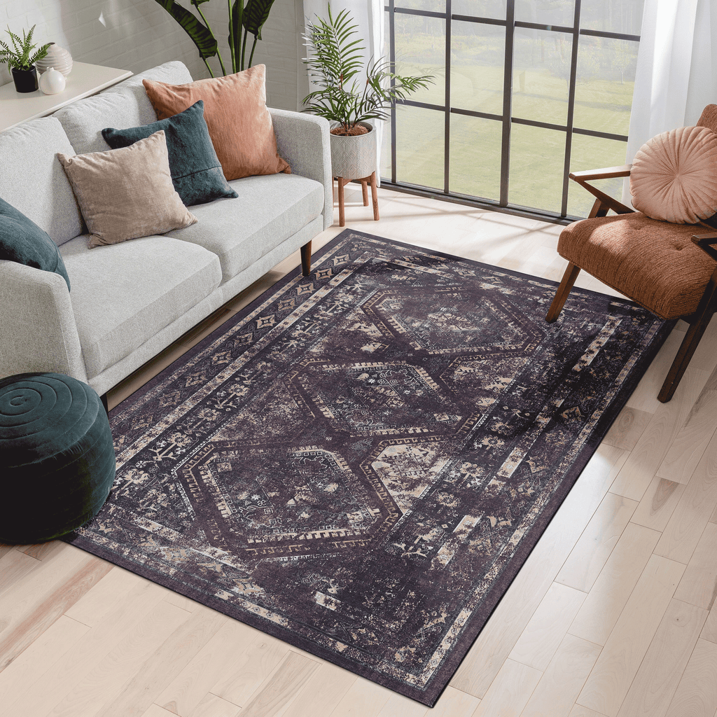 Burgundy Washable 8x10 Area Rug with Non-Shedding Polyester