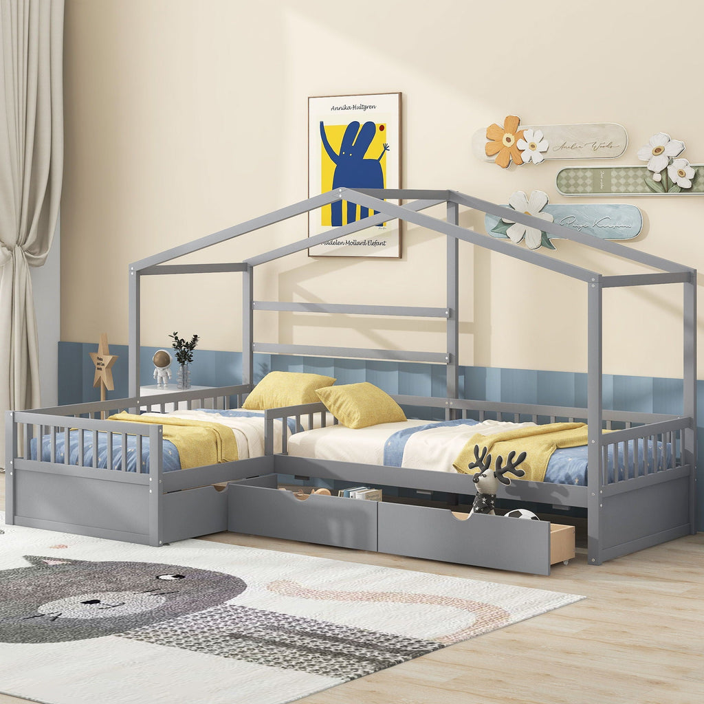 L Shape Twin Platform Bed with 3 Storage Drawers - Dark Gray or White
