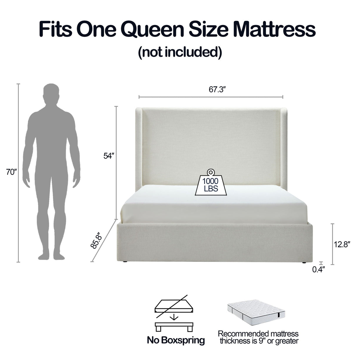 Minimalist Upholstered Wingback Bed Frame with High Headboard - Beige