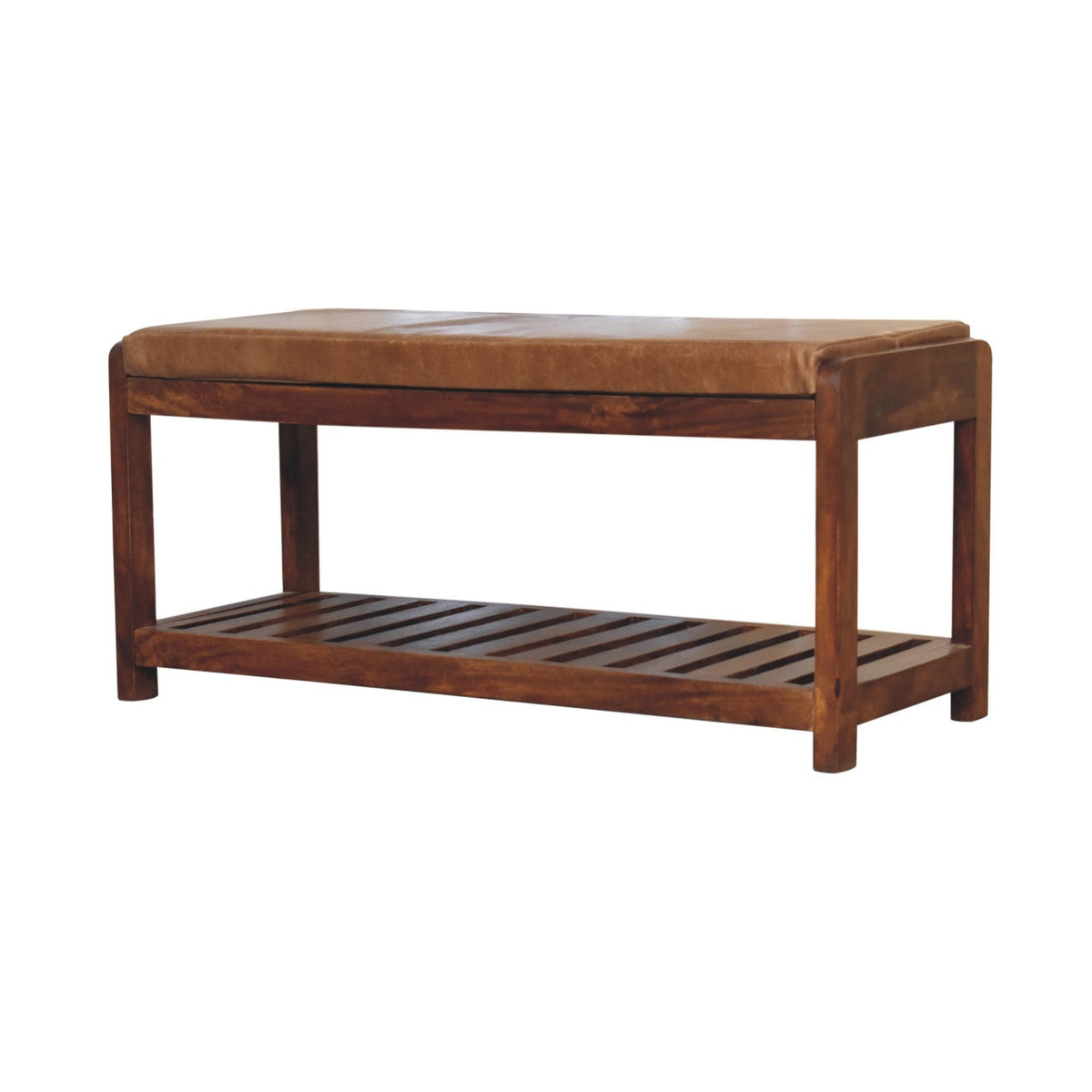 Solid Wood Slatted Bench with Leather Upholstery and Open Storage - Chestnut