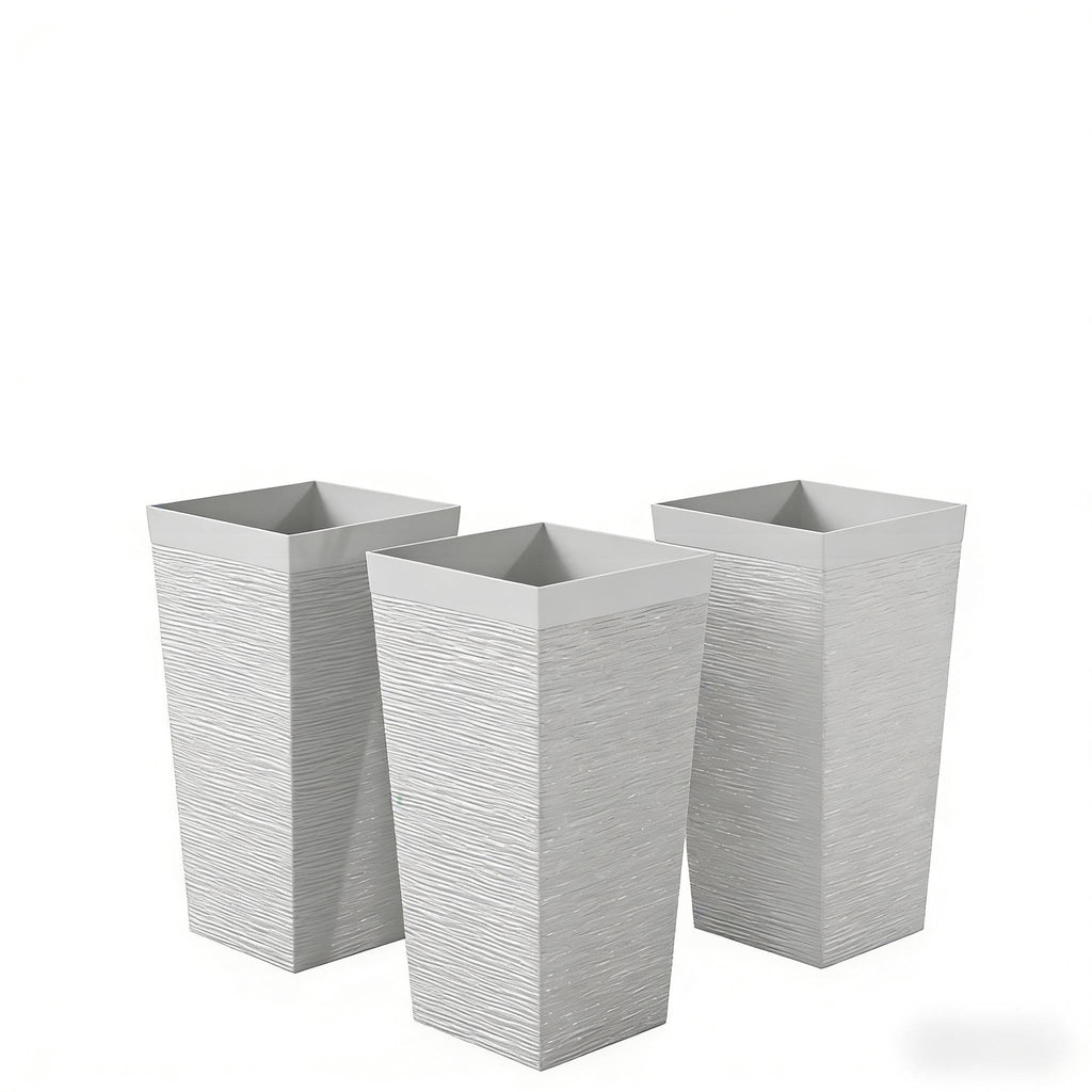 Stackable Tapered Planters Set of 3 with Wheels and Drainage - White Stone Look
