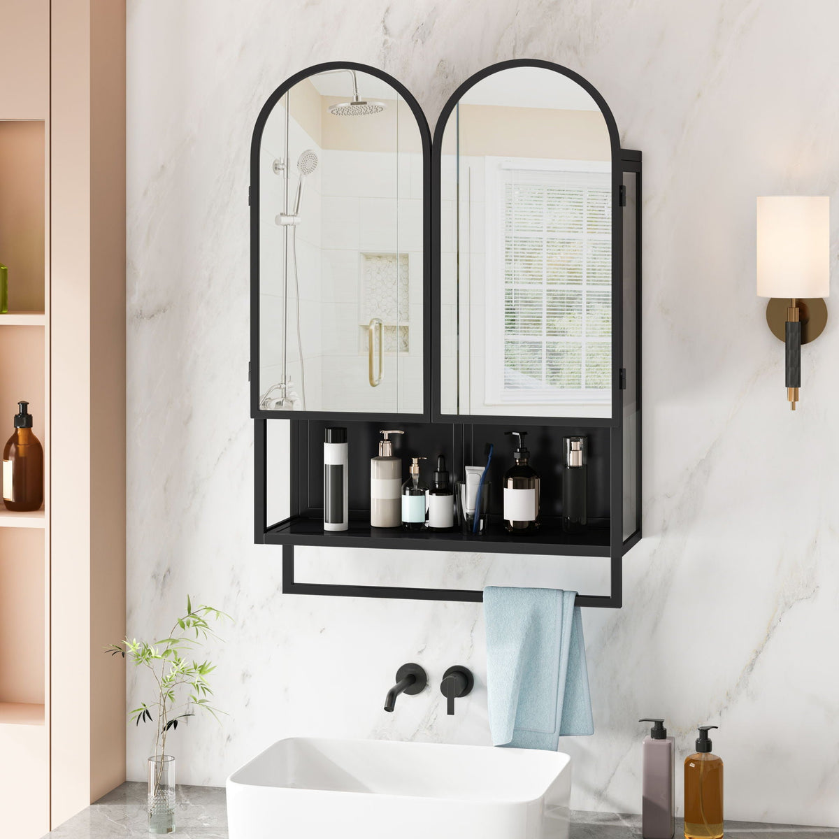 Double Arched Mirror Wall Cabinet with Adjustable Shelves and Towel Rack - Black or White