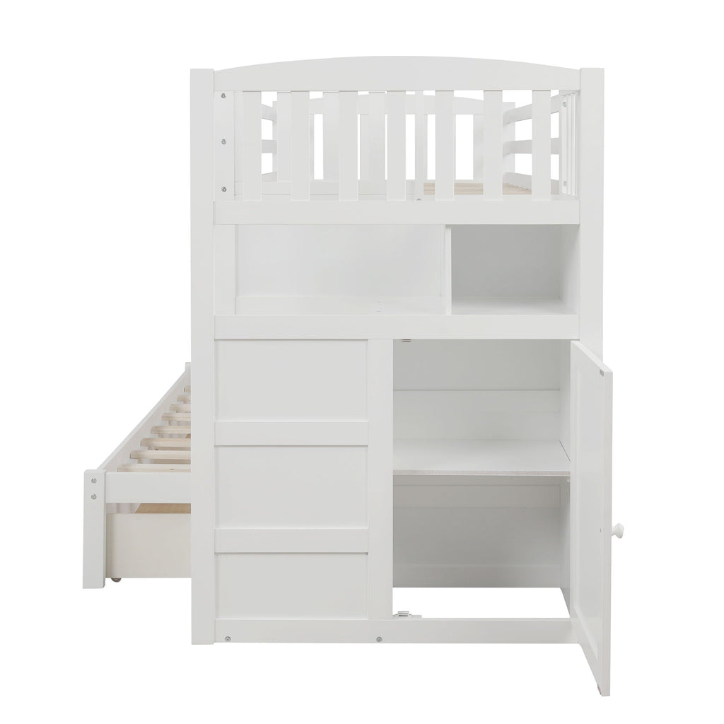 Convertible Twin Over Full Bunk Bed with Storage Shelves and Drawers - White or Dark Gray