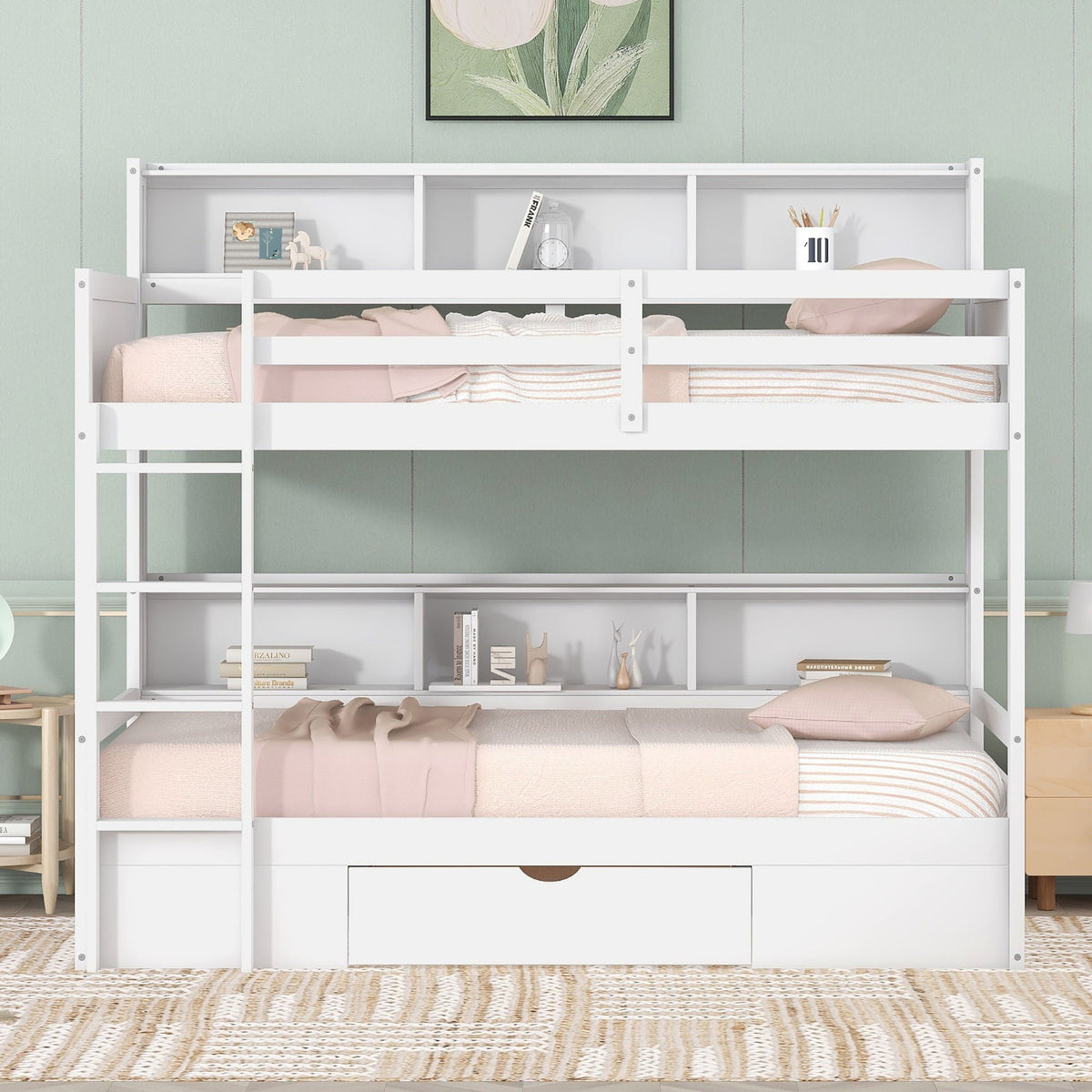 Twin Size Bunk Bed with Built-In Shelves and Storage Drawer - Dark Gray or White