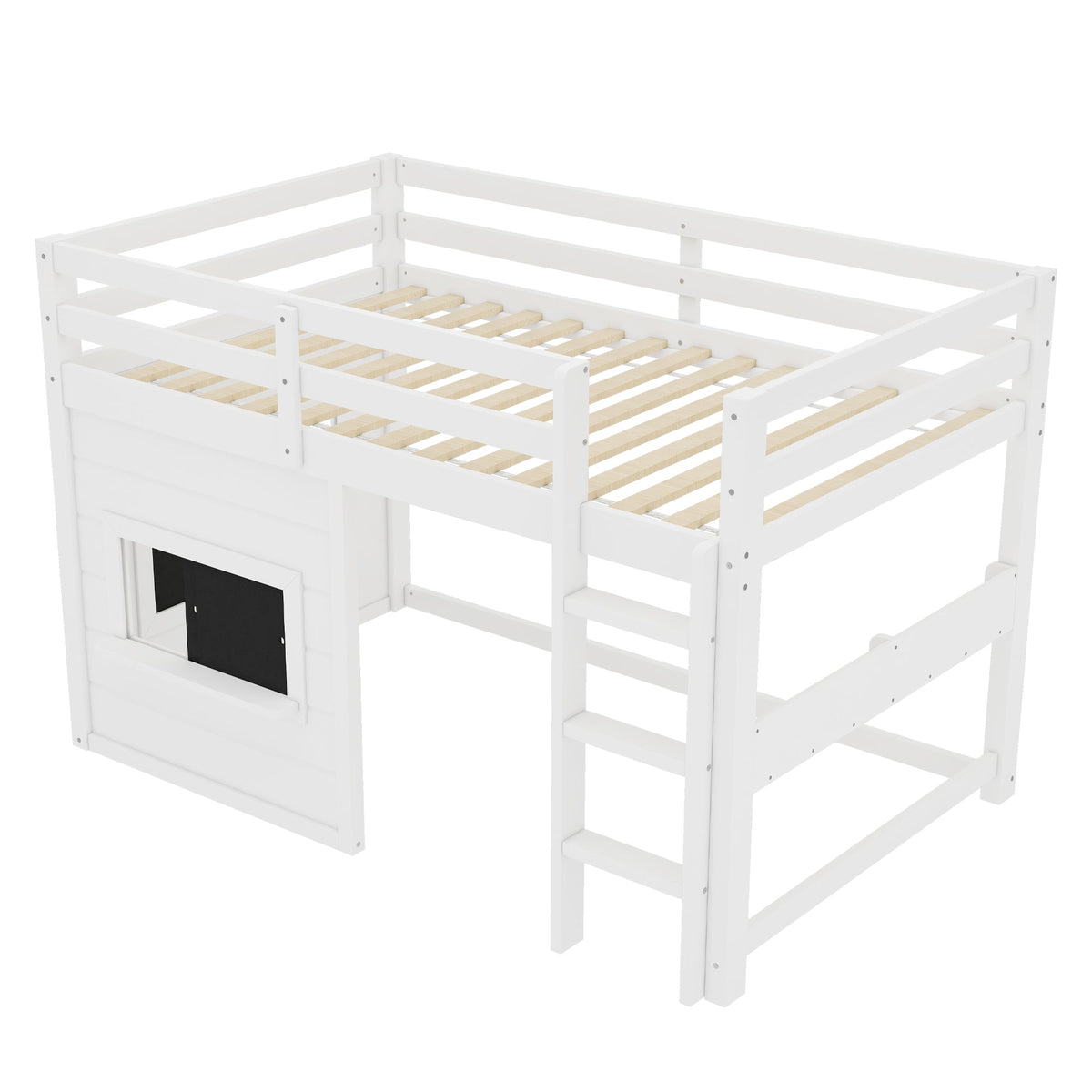 Twin Size Loft Bed with Sliding Chalkboard & Bookshelf - White
