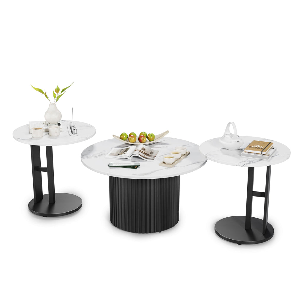 Modern Nesting Coffee Table Set of 3 with Faux Marble Tops - White Faux Marble