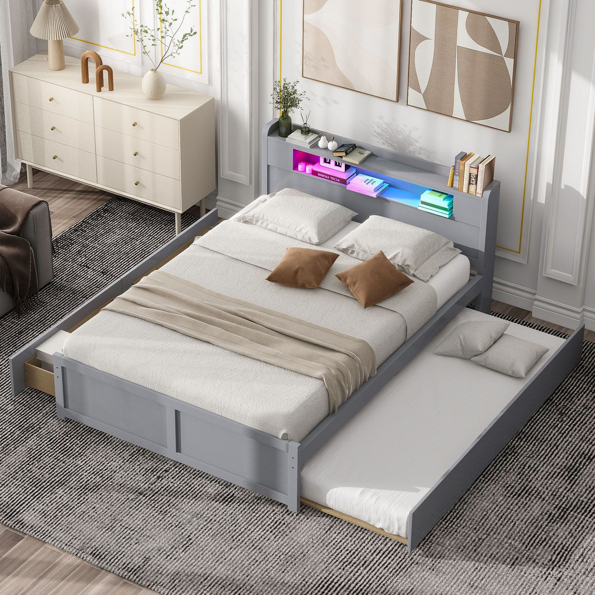 Storage Platform Bed with LED Lights, 2 Drawers and Trundle - Queen