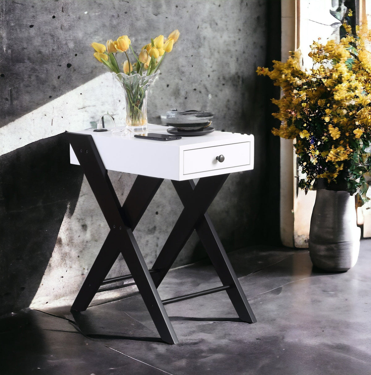 Modern Accent Table with USB Port and Drawer - White/Black