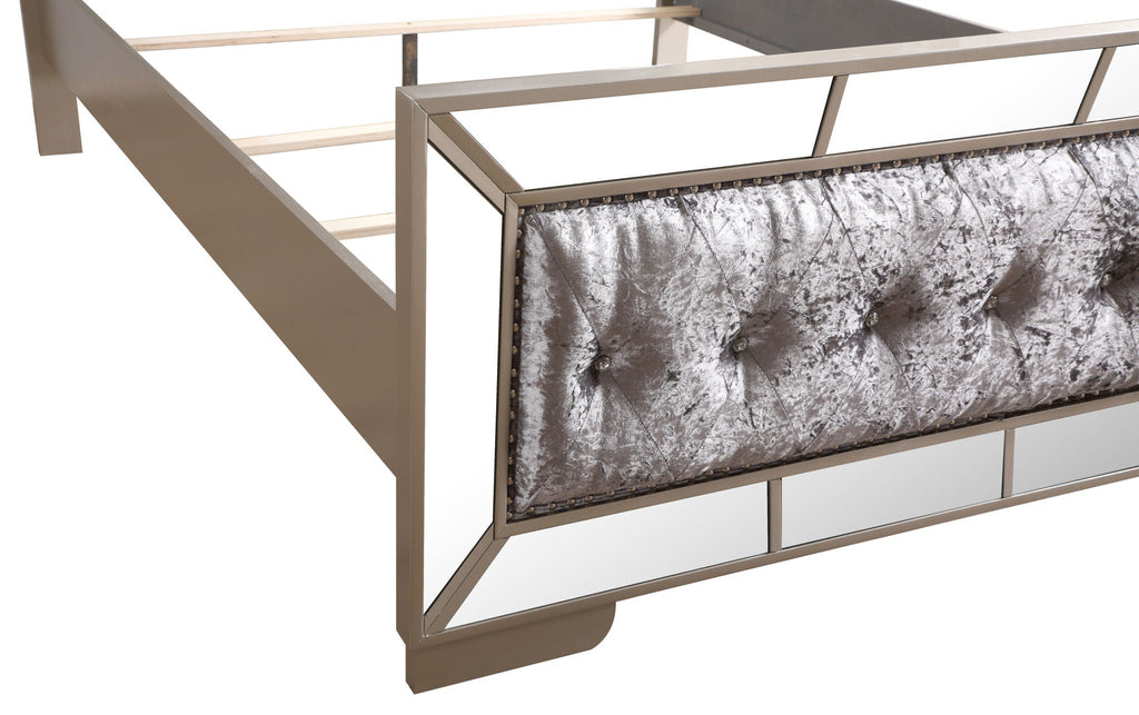 Contemporary Panel Bed with Mirrored Accents - Beige or Pearl Silver