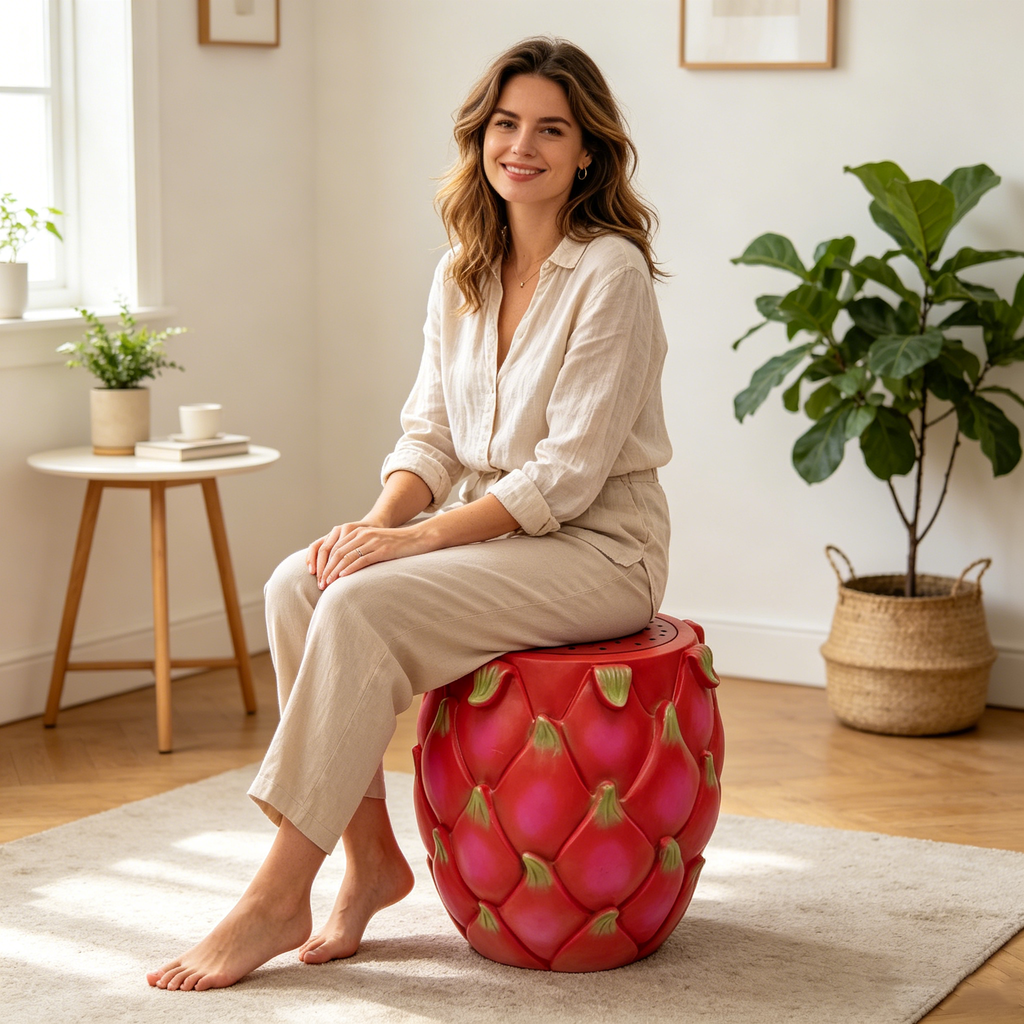 Oversized Resin Dragon Fruit Stool with Sturdy Resin Construction - Red