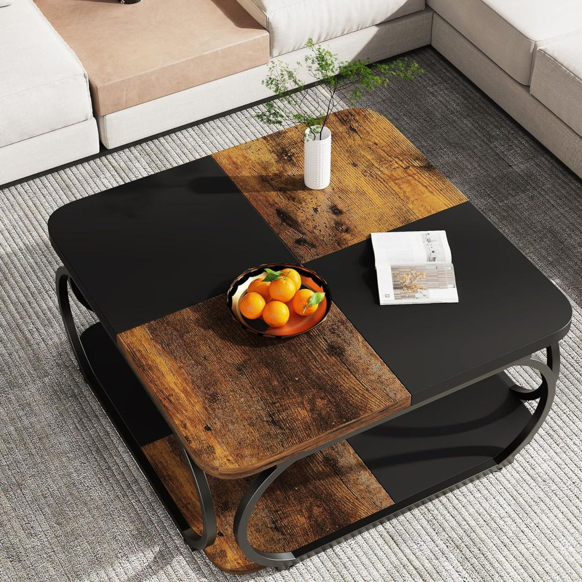 Square Coffee Table with Storage Shelf, 2 Tier - Brown / Black